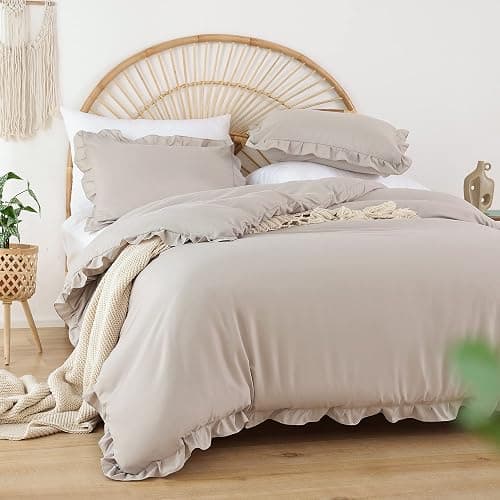 JANZAA Oatmeal Comforter Set Twin – Soft Microfiber, Lightweight All Season Bedding, Ruffle Shabby Chic Aesthetic, Breathable Cozy Bed Set with 1 Pillow Shams, Machine Washable - Image 1