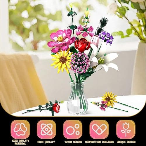 Linkowin Flower Bouquet Building Set, 699pcs Creative DIY Plant Bouquet Decoration,10 Unique Flower Bouquet for Girls Women Adults 6+, Idea Gifts for Valentines Birthdays Mother's Day thumbnail 4