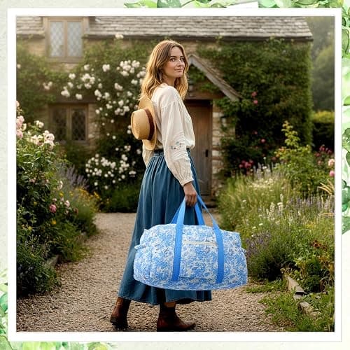 Dansydaisy Large Quilted Travel Duffle Bag for Women Floral Portable Gym Weekender Bag with Zipper Pockets Workout Grocery Pouch Duffle Gift Pouch for Christmas Work(Blue Floral) thumbnail 2
