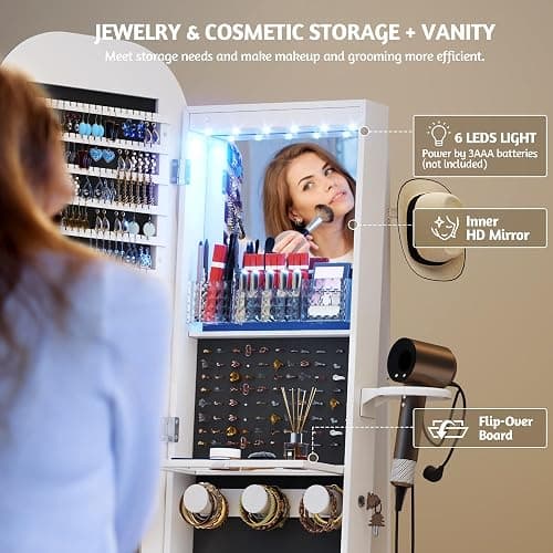 Vlsrka 360° Swivel Jewelry Aromire with Wavy Mirror, Lockable Jewelry Organizer Mirror Full Length, Rotatable Standing Mirror with Storage, Jewelry Cabinet, Interior Mirror, Flodable Shelf, White thumbnail 5