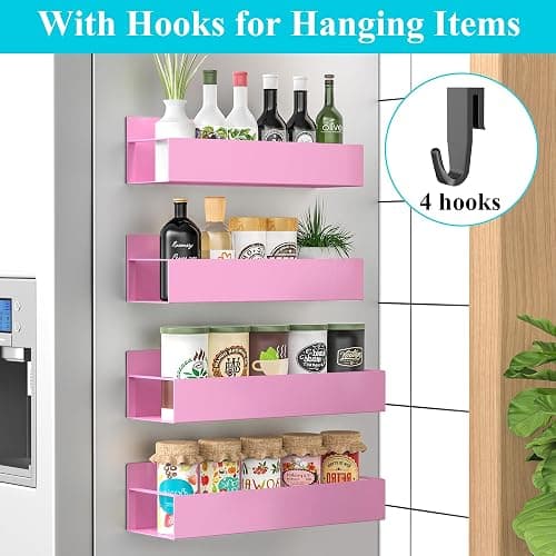 HuggieGems 4 Pack Magnetic Spice Storage Rack Organizer for Refrigerator and Oven, Pink Fridge Organizers and Storage thumbnail 3