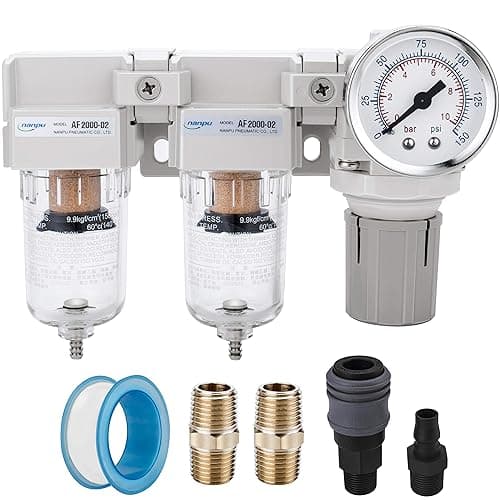 NANPU DFR-02 1/4" NPT Air Drying System - Double Air Filters, Air Pressure Regulator Combo - Semi-Auto Drain, Poly Bowl - 1/4" NPT - 5 μ
