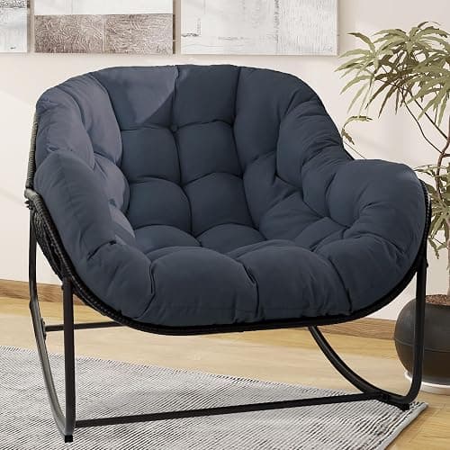 Quinora Papasan Rocking Chair, Oversized Papasan Chair with Cushion and Frame for Indoor& Outdoor, Deep Seat Egg-Shaped Rocker Chair for Garden, Deck, Living Room, Blue - Image 1