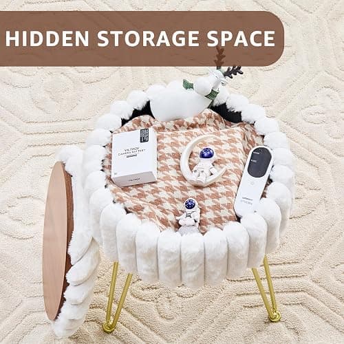 Wimarsbon Vanity Stool with Storage, Faux Fur Ottoman Chair with Metal Legs, Round Makeup Vanity Chair for Bedroom or Dressing Table, Modern Small Ottoman Seat (White) thumbnail 4
