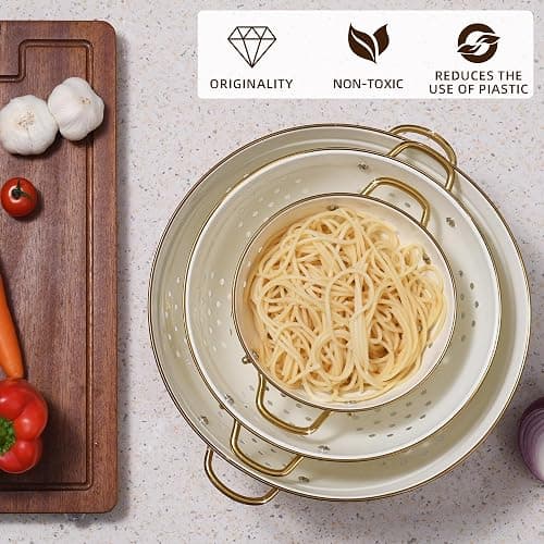 Metal Colander Set of 3, Strainer Basket with Handles perfect for Spaghetti, Pasta, Berry, Vegetable, Fruit, Solid Base Powder Coated Kitchen Essential Strainer Set, 1 & 3.5 & 5 Qt (Cream) thumbnail 4