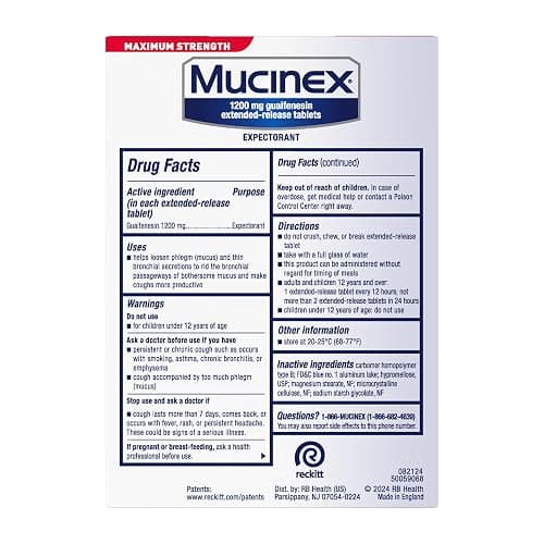 Mucinex 12 Hour Maximum Strength 1200 mg Guaifenesin Extended-Release Tablets for Excess Mucus Relief, Expectorant Aids Excess Mucus Removal, Chest Congestion Relief for Adults, 48 Tablets thumbnail 8