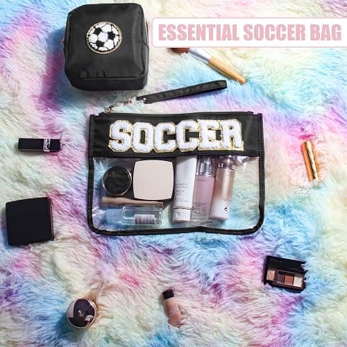 BuyCard 2 Pcs Soccer Gifts Makeup Bag with Chenille Letter Patch, Clear Cosmetic Pouch PVC Organizer Purse, Waterproof Travel Bag, Portable Toiletry Storage Bag for Her Girls Friends Women thumbnail 6