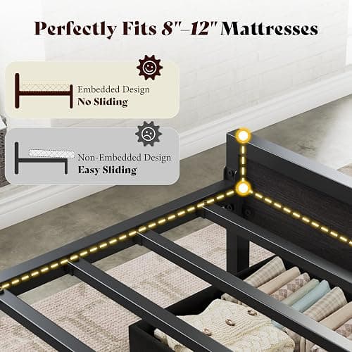 AMERLIFE Queen Bed Frame with LED Light and 2 Storage Drawers, Metal Platform Bed with Storage Headboard, Velvet Upholstered, Heavy-Duty Slats, No Box Spring Needed, Easy Assembly, Black thumbnail 8