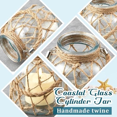 Blushtier 2 Set Nautical Candle Lantern with Rope Handle Coastal Glass Jar Battery Operated LED Flameless Lantern for Room Party Sea Beach House Table Centerpieces Decoration 5.5" x 5.5" x 6.3" thumbnail 6