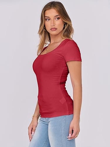 ANRABESS Women Short Sleeve Tops Scoop Neck Ribbed Knit Slim Fitted Basic Tee Shirts 2025 Casual Summer Trendy Clothes - Red - X-Small thumbnail 5