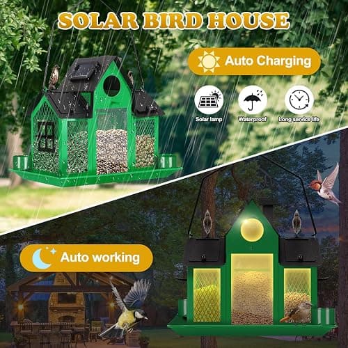 YYWMWM Solar Bird Feeders House for Outside Hanging, Metal Wild Bird Feeder for Outdoors, Large Cardinal Bird Feeder Birdhouses Green thumbnail 5