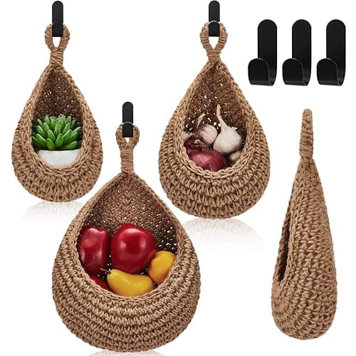 Honeydak Boho Decor Hanging Wall Baskets for Kitchen 3 Pack Teardrop Baskets with Hooks Storage Fruit Onion Vegetable Potato for Home 3 Sizes(Linen,Hemp Rope) - Image 1