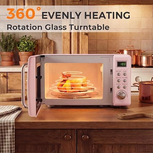 ARLIME Retro Microwave 0.7Cu.ft, 700 Watt Countertop Microwave with 5 Micro Power Defrost & Auto Cooking Function, LED Display, Child Lock, Pink Small Microwave for Kitchen, RV, Dorm thumbnail 4