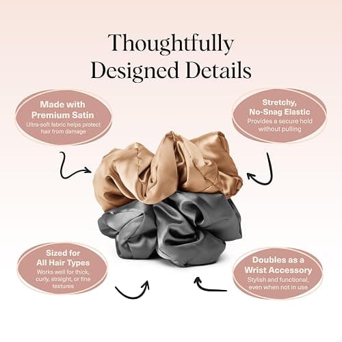 Kitsch Satin Scrunchies for Women - No Crease Hair Ties for Girls | Big Scrunchies for All Hair Types and Textures, Perfect for Day or Night | Ideal Gifts for Women - 2 Pcs, Charcoal and Gold thumbnail 3