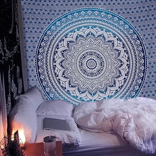 raajsee Indian Cotton Aqua Blue Tapestry Mandala Wall Hangings- Tapestry For Bedroom - Indie Wall Tapestry Hippie Room Decor - Boho Small Tapestrys Aesthetic 30x40 Inch - Image 1