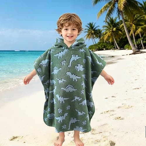 VOOVA & MOVAS Toddler Poncho Towel,1-3Y Soft Thick Cotton,Green Dino | 21"x21" In,Warm & Cozy,Super Absorbent,Quick Dry,No Fade,for Bath,Pool & Travel thumbnail 3