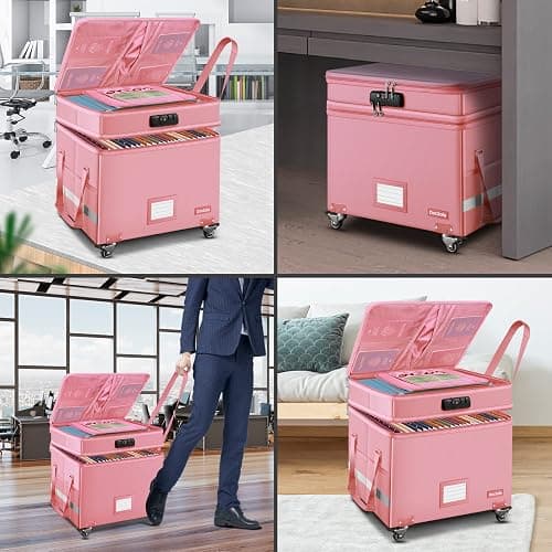 DocSafe File Box with Lock,2-Layer Fireproof Document Box with Wheels,Collapsible Rolling File Storage Organizer with Pockets,Large Portable Home Office Filing Cabinet Safe for Hanging Folders,Pink thumbnail 4