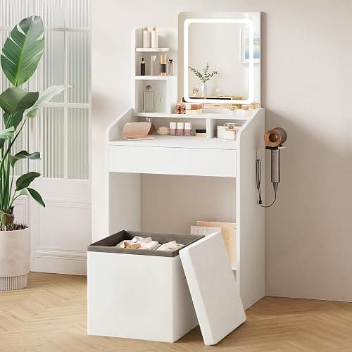 LIVELYGLOW 24" White Small Vanity Set with Lighted Mirror & Storage Stool | Smart LED Mirror, Charging Station, Hairdryer Rack, Space-Saving - Image 1