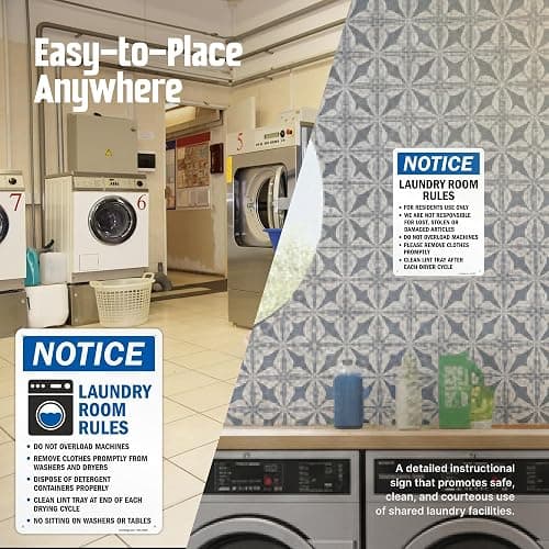 SmartSign Laundry Room Rules 'Notice - No Overload, Remove Clothes, Dispose Detergent, Clean Lint, No Sitting' Metal Sign, 14" x 10", 40 mil Laminated Aluminum, Blue/Black/White, USA-Made thumbnail 6