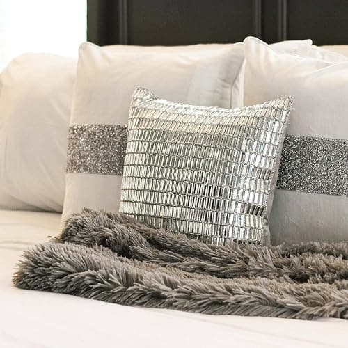Fifth Avenue Pillow, Velvet Backing, Glass Stones, Dramatic, Feather Insert, for Sophisticated Luxury Home Decor, Silver, 16", Sold Individually thumbnail 2