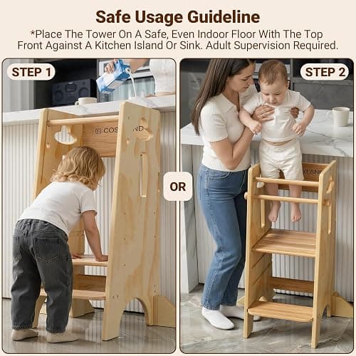 COSYLAND Height Adjustable Toddler Standing Tower(NO Wide Back Panel) - Super Stable Kids Kitchen Stool Helper with 4 Support Blocks - 3 Levels Adjustable Wooden Kitchen Stool (All Natural) thumbnail 8