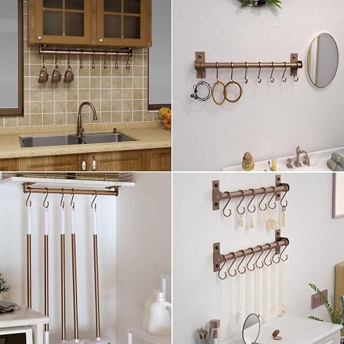Dseap Kitchen Utensil Holder Hanger, Pot and Pan Rack Wall Mounted, Kitchen Rail with 8 Hooks for Hanging Cooking Utensils, Mugs, Spoons, Wall Mounted, Antique Copper New, Pack of 2 thumbnail 6