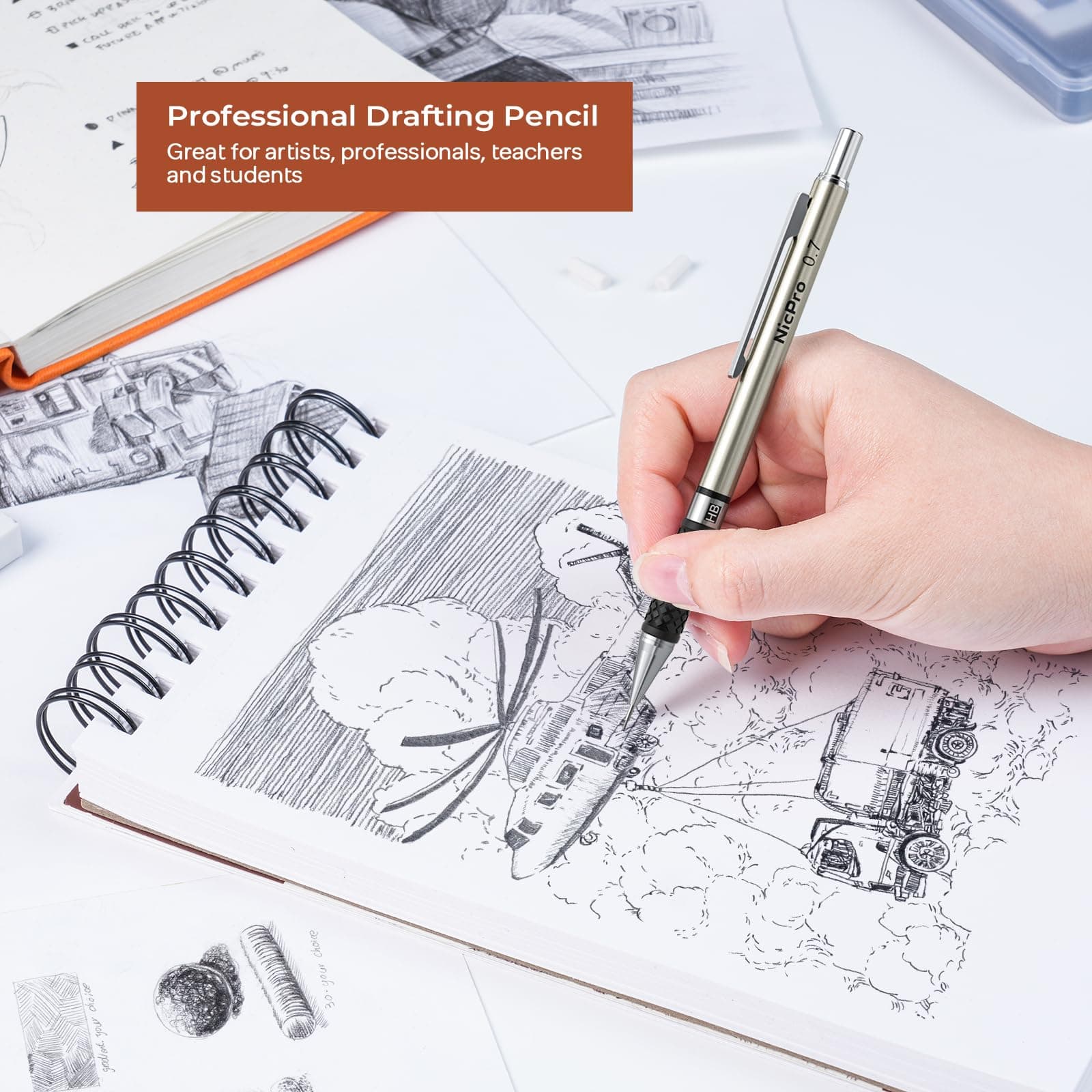 Nicpro 6pcs Mechanical Pencils Set, 3pcs 2mm Lead Holder, Clutch Propulsion Drawing Pen 0.5mm & 0.7mm & 0.9mm for Writing, Sketching, with 12 Tubes Lead Refills (2B 2H HB) thumbnail 9