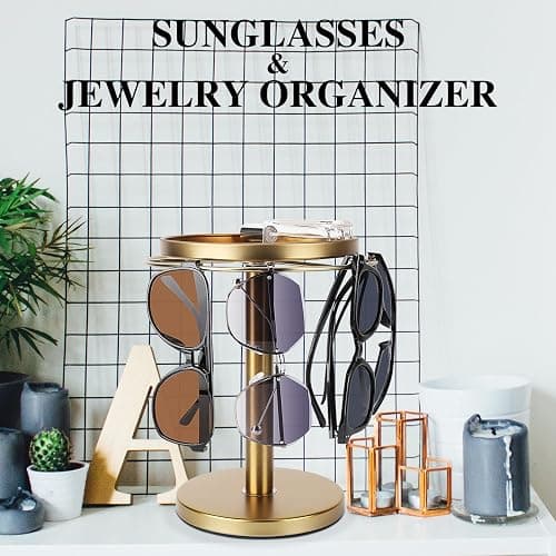 kondyfayo 360° Rotating Sunglass Organizer Storage, Stainless Steel Glasses Holder Stand, Glasses Organizer with Tray for Desk, Dresser, Tabletop, Nightstand and Home Decor (Gold) thumbnail 2