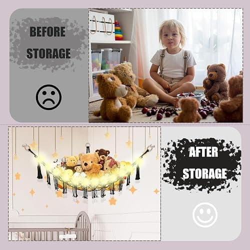 CERETIA Stuffed Animal Hammock with LED Light, Large Stuffed Animals Storage Corner Plushie Net for Kids Room Decor, Black thumbnail 5