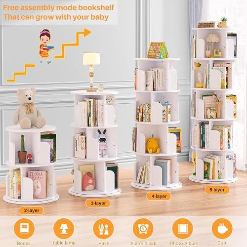 Aheaplus Rotating Bookshelf, 360 Display Wood Spinning Bookshelf Tower, 5 Tier Floor Standing Bookcase Storage Rack, Revolving Bookcase Corner Bookshelfs for Small Space, Bedroom, Study Room, White thumbnail 5