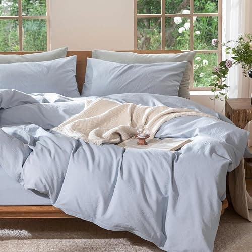 MooMee Bedding Duvet Cover Set 100% Washed Cotton Linen Like Textured Breathable Durable Soft Comfy (Heathered Cornflower Blue, Twin 68"x90") thumbnail 7
