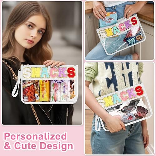 Snack Bag for Travel - Clear Chenille Varsity Letter Flat Pouch with Zipper, 12.2×8.46 inch Waterproof Clear Nylon Preppy Patch Makeup Cosmetic tote Bags for Women Girls thumbnail 4