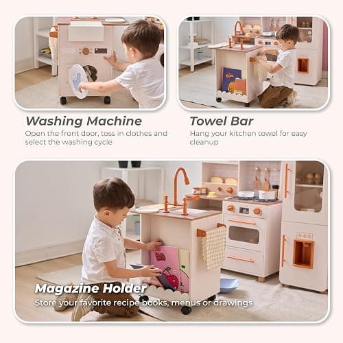 Teamson Kids Little Chef Savannah Off-White Play Kitchen for Girls & Boys with Sink, Fridge & 21 Accessories, Pretend Toy Kitchen Set for Toddlers Ages 3+ with Storage & Modular Design thumbnail 5