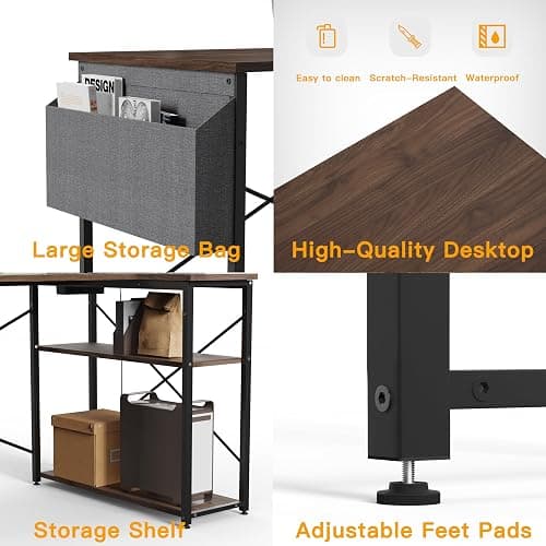 TIQLAB Small Computer Desk with Power Outlets, 40 Inch L Shaped Desk with Reversible Shelves, Gaming Desk Corner Desk Study Writing Desk for Home Office Bedroom Small Space, Walnut thumbnail 5