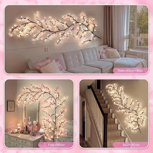 DIY Cherry Enchanted Willow Vine Lights,4 FT 48 LED Cherry Blossom Lights with Remote Timer,8 Lighting Modes,LED Tree Branch Light for Wall,Cherry Blossom Wall Decor for Bedroom Living Room Window thumbnail 9