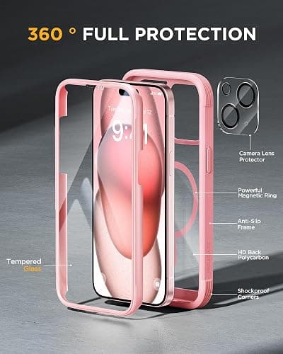 Miracase Glass Series for iPhone 15 Case [Compatible with MagSafe] Full-Body Magnetic Case with Built-in 9H Tempered Glass Anti-Fingerprint Screen Protector + Camera Lens Protector, Pink and Clear thumbnail 2