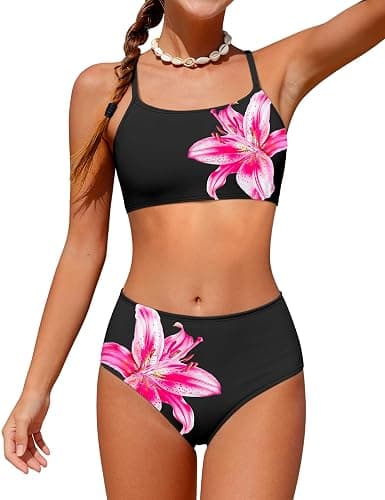 Boiltcat Girls Swimsuit High Waisted Contrast Striped 3 Piece Bathing Suit Bikini with Cover Up 9-16 Years - Image 1
