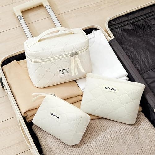 beifon 3er Set Kosmetiktasche Kulturtasche Damen mit Blumenmuster, Kulturbeutel Make Up Tasche, Tragbare Schminktasche Makeup Bag Waschtasche Groß Frauen Mädchen (Beige B) thumbnail 6