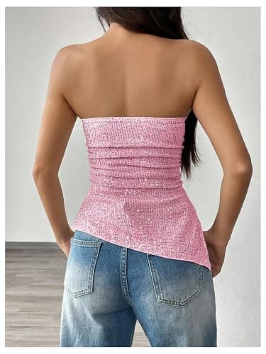 SOLY HUX Women's Sequin Tube Tops Sparkly Strapless Sleeveless Bandeau Split Asymmetric Hem Top Party Clubwear thumbnail 2