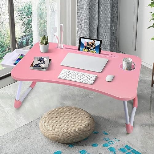 Slendor Lap Desk with Tablet Slot, Foldable Laptop Table with Storage Drawer for Bed，Portable Bed Desk for Laptop, Computer Tray with Cup Holder Notebook Stand Reading Holder for Couch Floor, Pink thumbnail 5