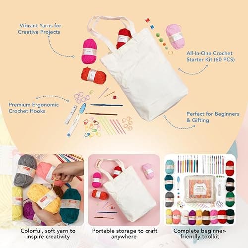 Incraftables Crochet Kit for Beginners – 85 Piece Beginner Crochet Kit for Adults & Kids with Yarn, Hooks, Accessories & Bonus Tote Bag Organizer – Learn to Crochet with Complete Starter Set thumbnail 3