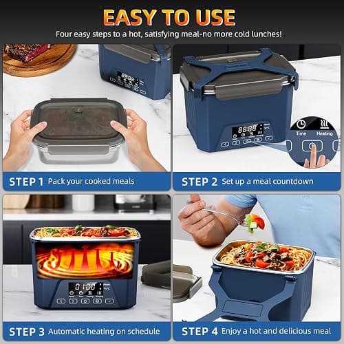 Cordless Electric Lunch Box, 1.2L Self Heating Lunch Box Battery Powered with Automatic Heating, BPA Free, Meal Prep Friendly (Blue) thumbnail 4