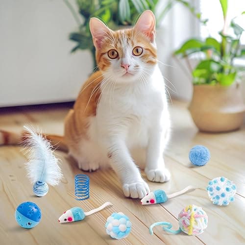 MALLMALL6 10Pcs Cat Toy Set Including Cat Springs Feather Teaser Wand Mice Crinkle Balls and Pet Bell Balls, Puzzle Interactive Pet Gift Pack Toys for Indoor Kitten (Blue) thumbnail 7