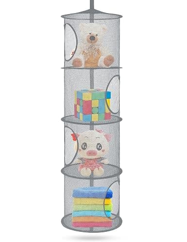 ⭐️Storage Foldable Net 4 Compartments Hanging Mesh Toy Storage Organizer for Kid Room Toys, Gloves, Hats, Socks（Gray） thumbnail 5