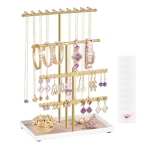 SONGMICS Schmuckständer, Schmuckhalter, Metallrahmen, Schmucktablett Samt, Schmuckaufbewahrung für Halsketten Armbänder Ohrringe Ohrstecker Ringe, Geschenkidee, weihnachten, blassgold JJS036AB01 - Image 1