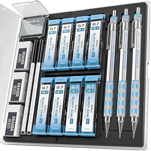 Nicpro 3 Pack Blocky Gear 0.7 mm Metal Mechanical Pencils Set with Case, Lead Drafting Pencil with 8 Tube (480PCS) Lead Refills(HB 2B), 4 Erasers, 18 Eraser Refills for Art Writing, Sketching Drawing - Image 1