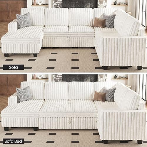 Belffin Corduroy Sleeper Sofa Bed with Storage Chaise Modular Sectional Sofa Couch with Pull Out Bed L Shaped Sectional Couches for Living Room White Couch thumbnail 4