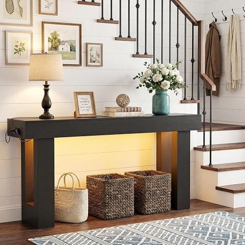 iSunirm Konsolentisch 120 cm mit Steckdosen & Bewegungsmelder-Licht, Beistelltisch mit offenem Stauraum, Landhausstil, für Eingang, Flur, Wohnzimmer, Schwarz thumbnail 3