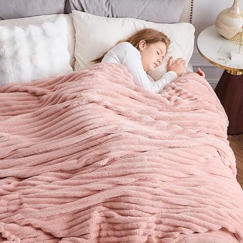 NEWCOSPLAY Super Soft Queen Blanket Pink Premium Silky Flannel Fleece 3D Ribbed Jacquard Lightweight Bed Blanket All Season Use (Pink Ribbed, Queen(90"x90")) - Image 1