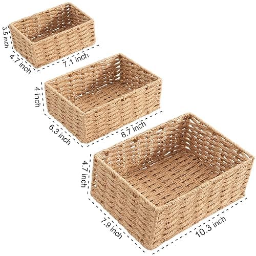 Small Wicker Basket for Organizing, Woven Storage Basket Set of 3 - Handwoven Natural Paper Rope Baskets to Declutter Any Room, Perfect for Organizing and Home Decor thumbnail 2